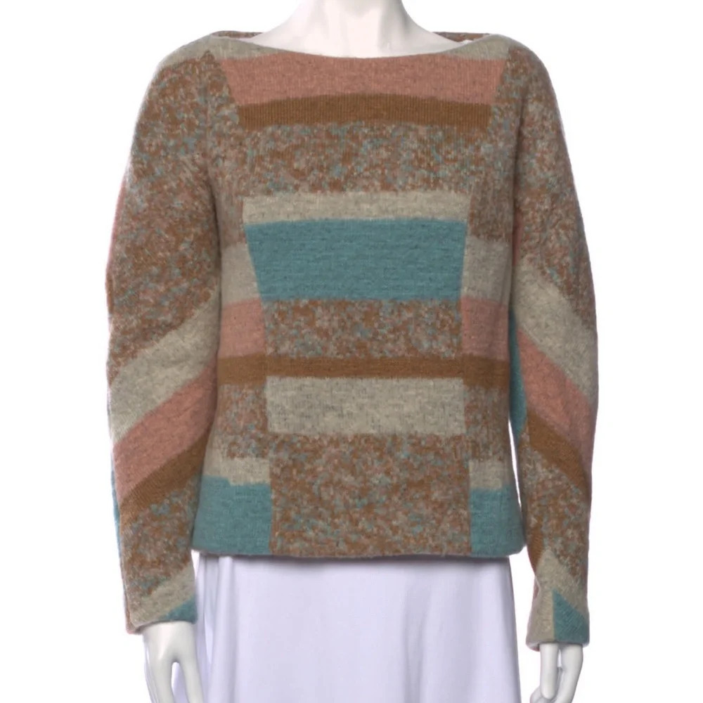 Thakoon Striped Printed Bateau Neckline Wool Silk Sweater, size 4